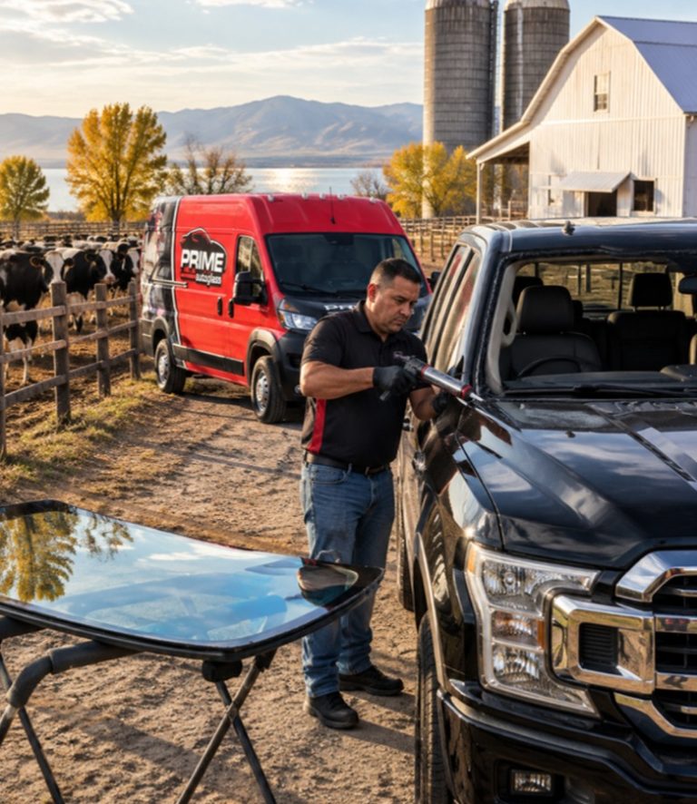 Prime technician preparing a pickup for a new windshield at a dairy farm in Lake Shore