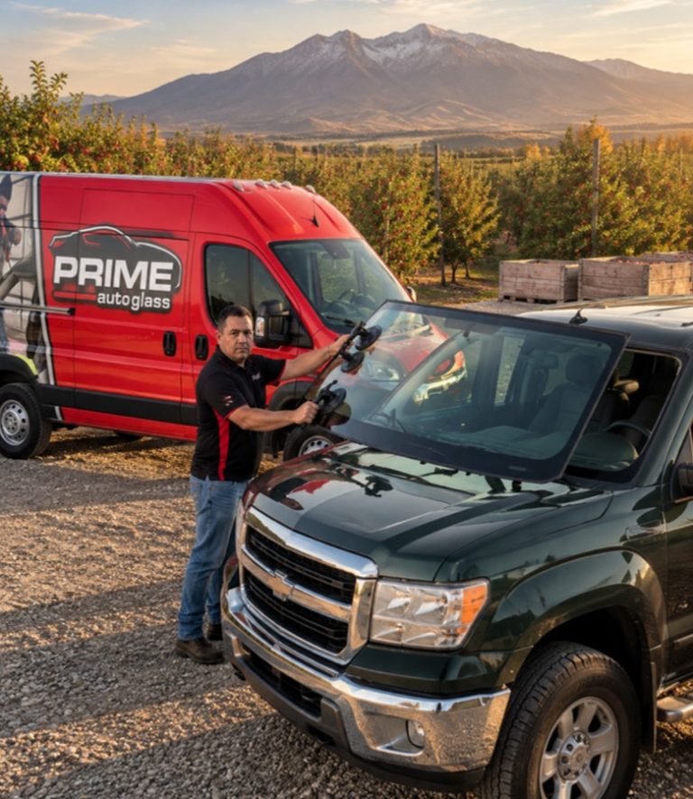 Prime technician replacing a pickup windshield at an orchard farm in Santaquin