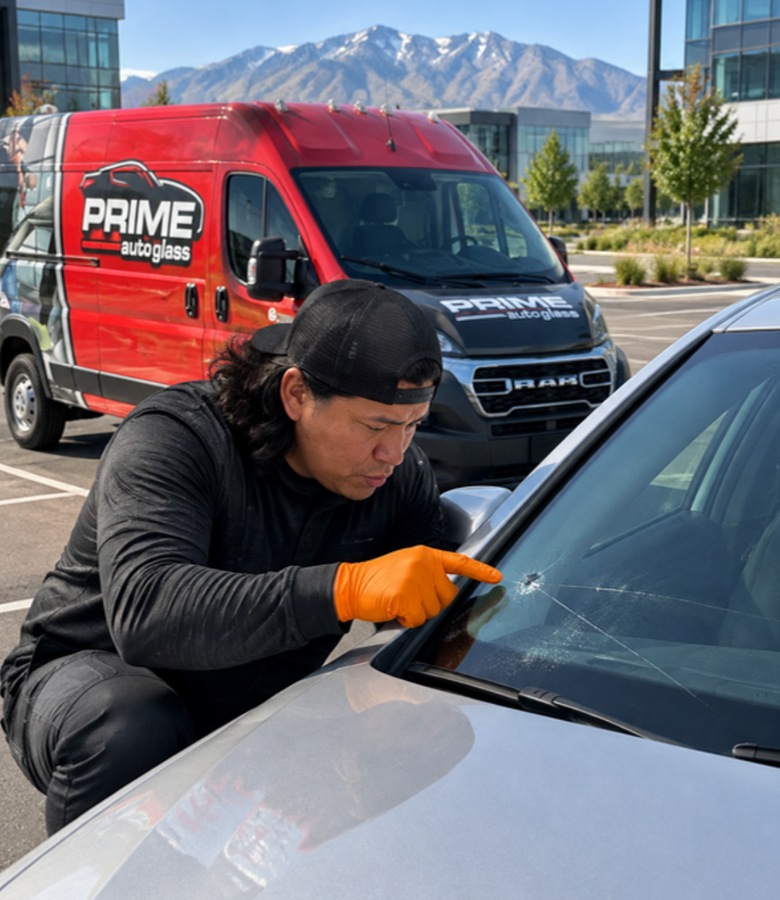 Prime Auto Glass technician pointing at a cracked windshield at a Silicon Slopes office in Lehi, UT