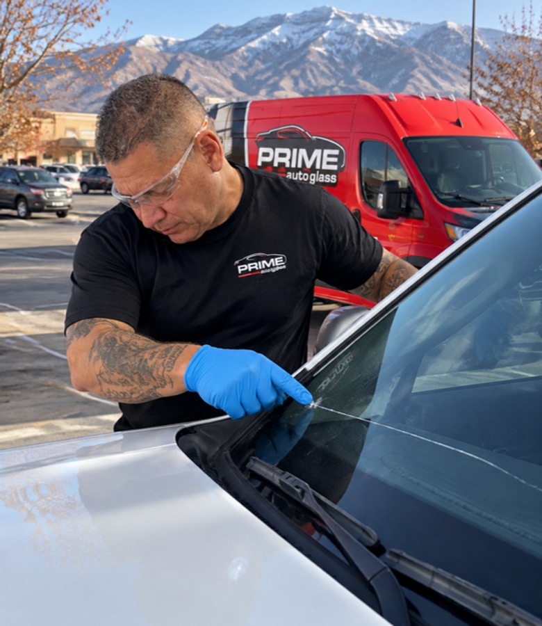 Prime Auto Glass technician inspecting a cracked windshield in an Orem, UT parking lot