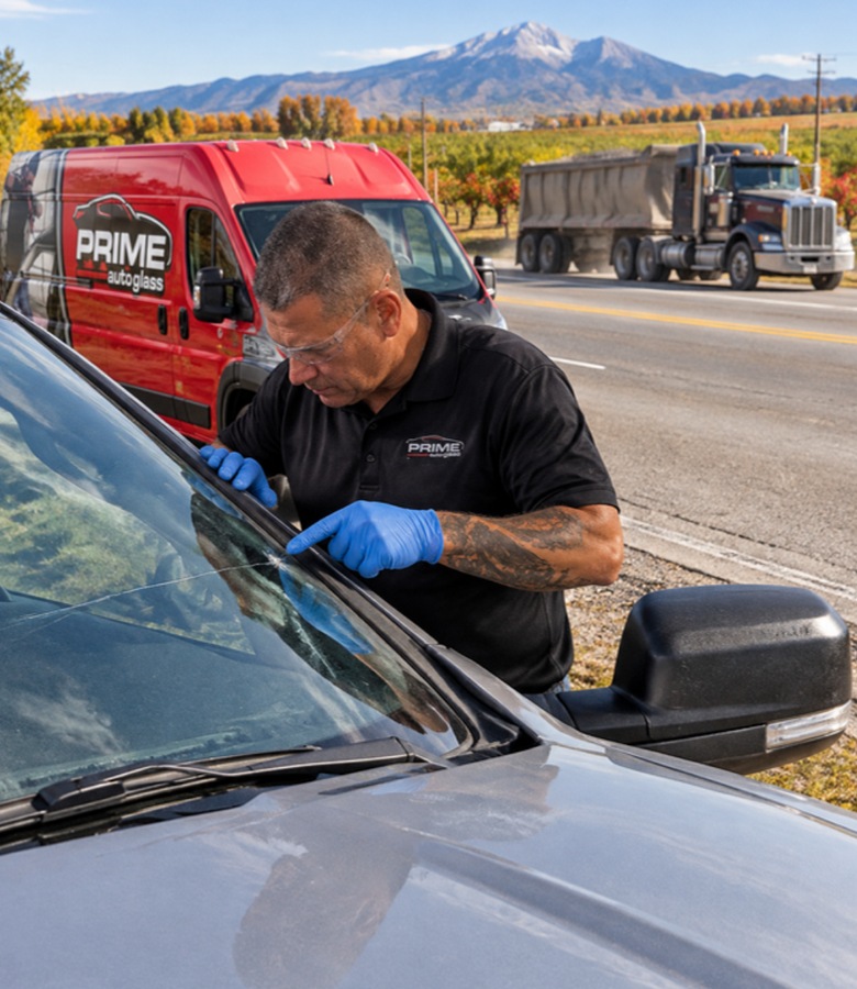 Prime technician inspecting a rock-chipped windshield near US-6 in Santaquin